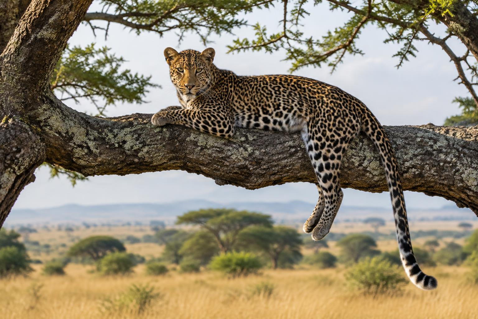 Illustrative leopard resting in an acacia tree above the plains